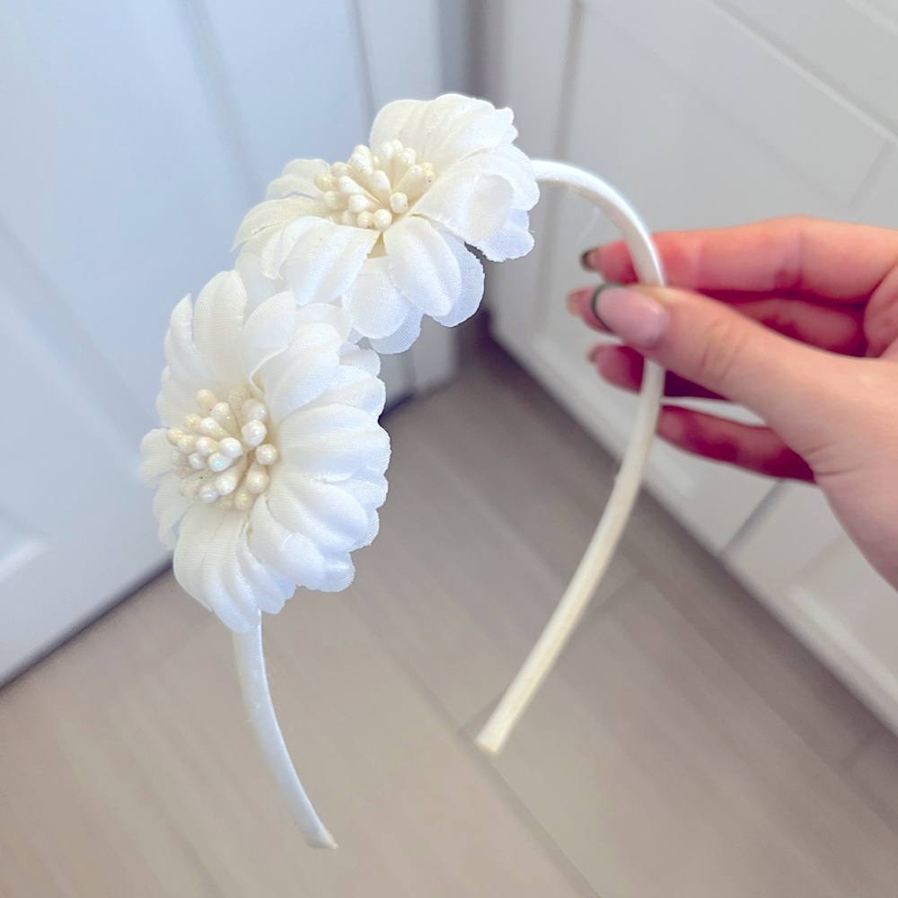 White floral girls headband with iridescent glitter